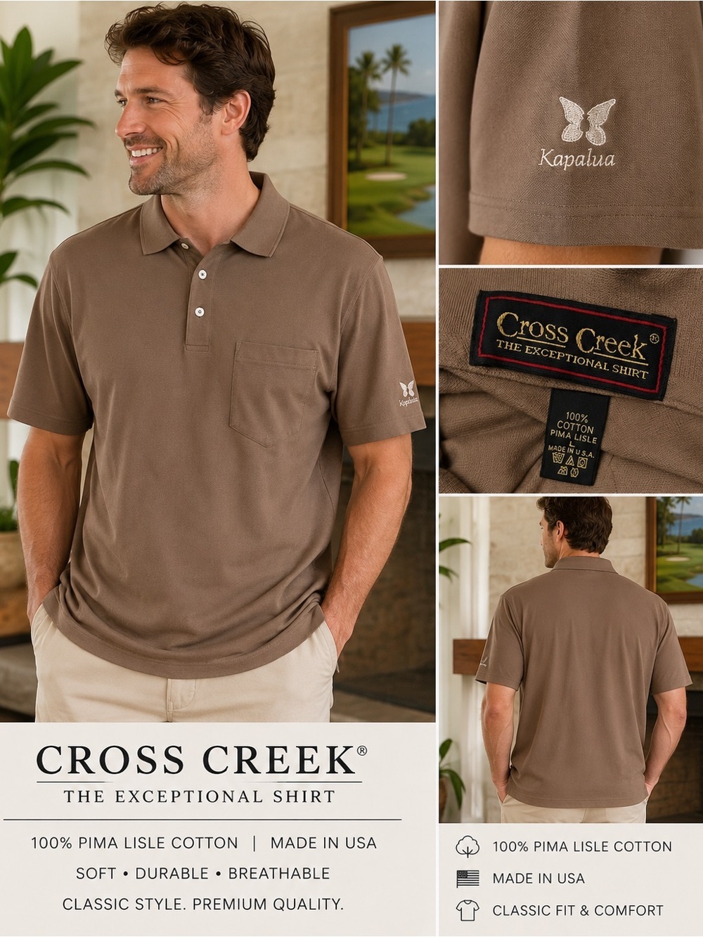 Vintage Cross Creek Pima Lisle Cotton Polo Shirt Made in USA Kapalua Embroidered